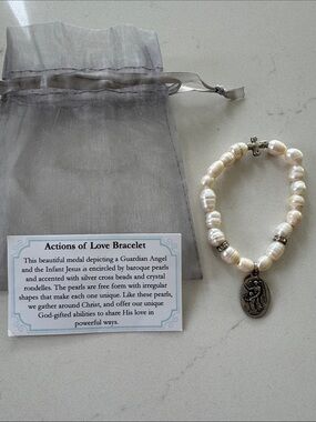 Actions of Love White Pearl Bracelet with Silver Guardian Angel Medal